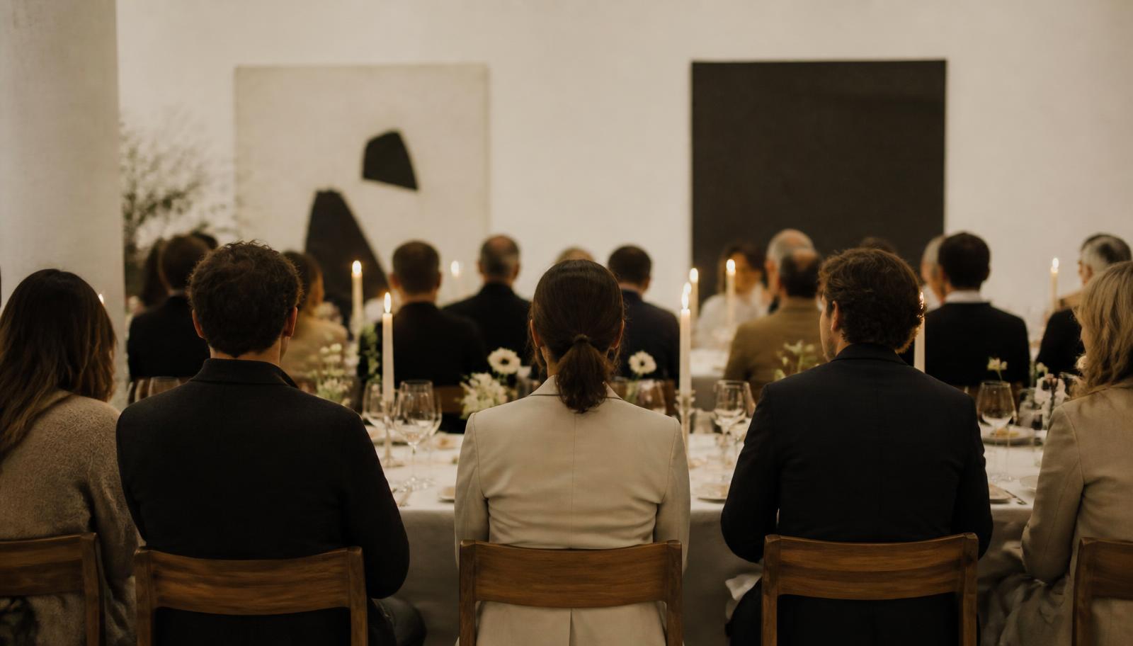 Guests seated at a long candlelit dinner table inside a minimalist white gallery space at a private brand community event.