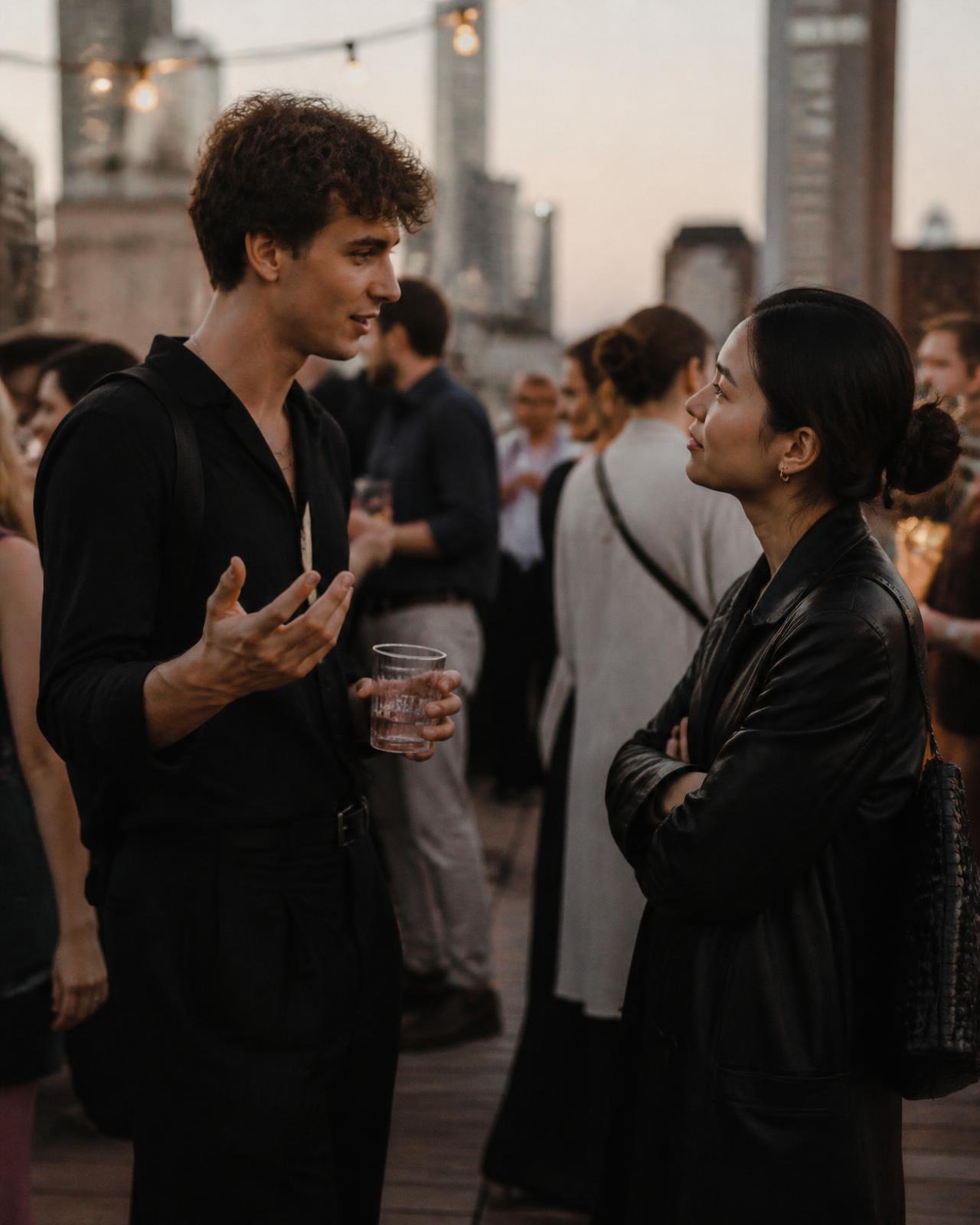 Two creative professionals in conversation at an evening rooftop gathering.